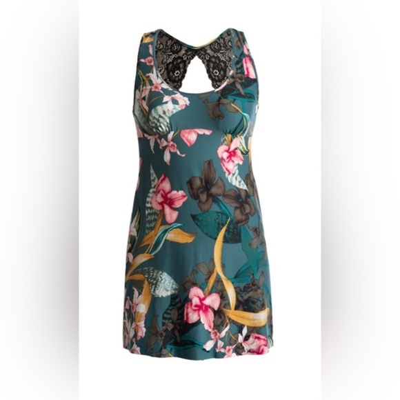 Green floral Knee-Length Scoop Neck Lace back Slip on sleep chemise gown size 3X - Picture 1 of 10